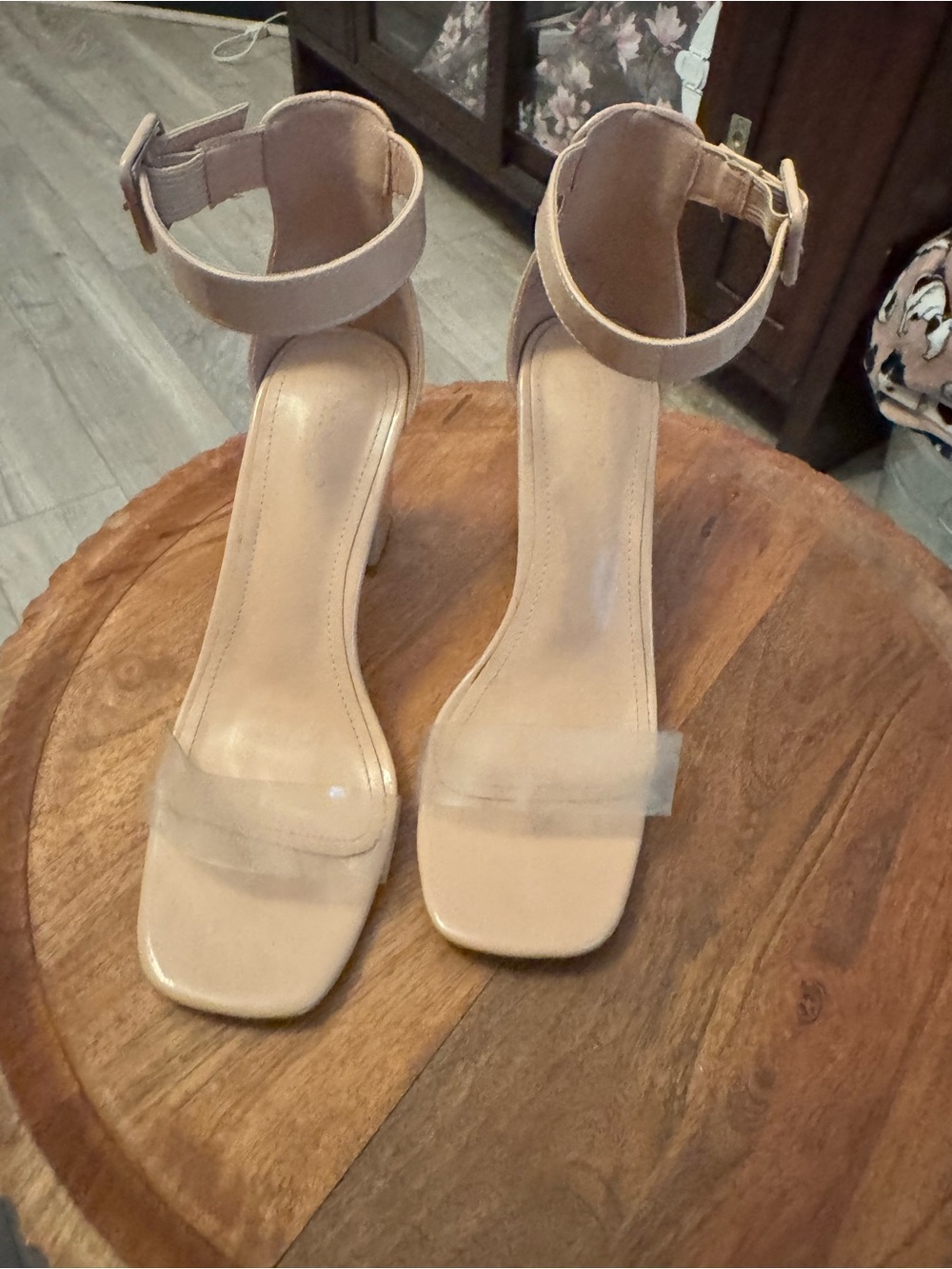 BAMBOO Nude Clear-Band Ankle Strap Heels